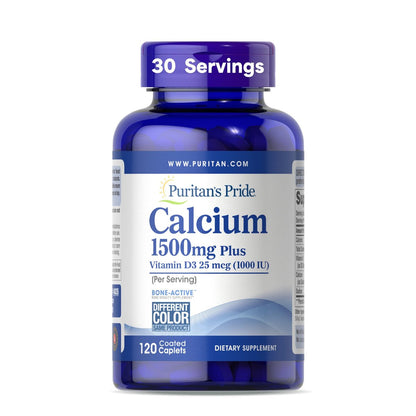 Puritan's Pride Absorbierbares Calcium 1500 mg plus Vitamin D3 25 mcg (1000 IE) – Nahrungsergänzungsmittel für Knochenstärke, Herz, Nerven, Muskeln und Immunsystem, 120 überzogene Tabletten