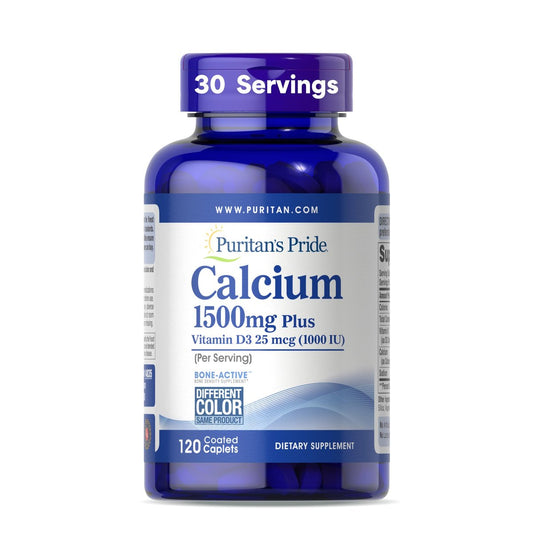 Puritan's Pride Absorbierbares Calcium 1500 mg plus Vitamin D3 25 mcg (1000 IE) – Nahrungsergänzungsmittel für Knochenstärke, Herz, Nerven, Muskeln und Immunsystem, 120 überzogene Tabletten