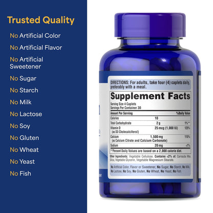 Puritan's Pride Absorbierbares Calcium 1500 mg plus Vitamin D3 25 mcg (1000 IE) – Nahrungsergänzungsmittel für Knochenstärke, Herz, Nerven, Muskeln und Immunsystem, 120 überzogene Tabletten