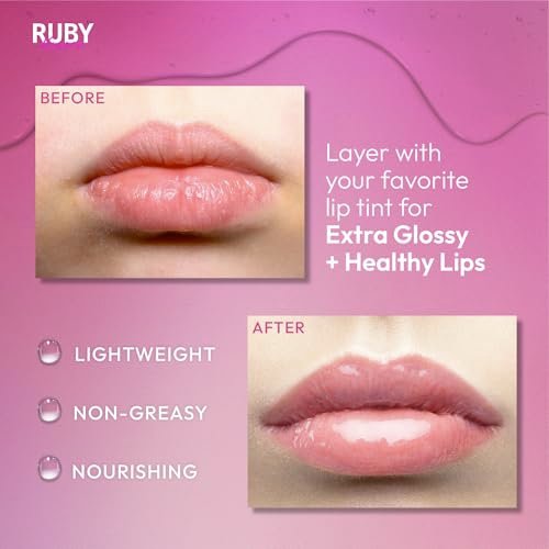 Ruby Kisses Hydrierendes klares Lippenöl-Behandlungsgloss (1 Packung) – Pflegt und heilt trockene, rissige Lippen mit Vitamin E & Jojoba, leichtes, nicht fettendes Öl mit Mandelöl