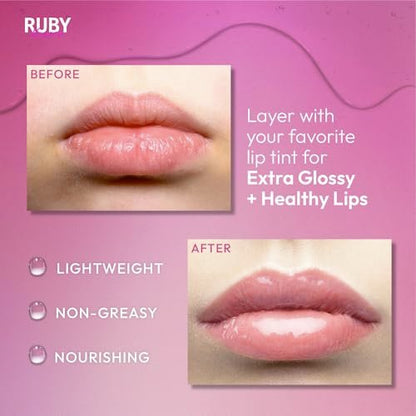 Ruby Kisses Hydrierendes klares Lippenöl-Behandlungsgloss (1 Packung) – Pflegt und heilt trockene, rissige Lippen mit Vitamin E & Jojoba, leichtes, nicht fettendes Öl mit Mandelöl