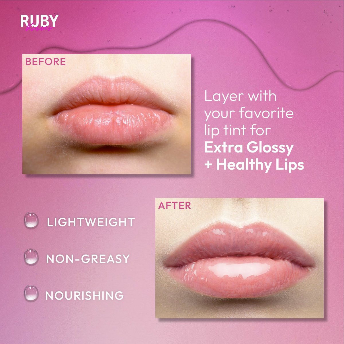 Ruby Kisses Hydrierendes klares Lippenöl-Behandlungsgloss (1 Packung) – Pflegt und heilt trockene, rissige Lippen mit Vitamin E & Jojoba, leichtes, nicht fettendes Öl mit Mandelöl