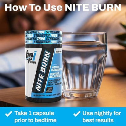 BPI Sports Nite Burn – Nächtlicher Fettverbrenner & Schlafunterstützung – Keto-freundlich – Gewichtsverlust, Fettverbrennung, Entspannung, Stoffwechsel-Boost – 30 Portionen – 640 mg