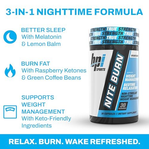 BPI Sports Nite Burn – Nächtlicher Fettverbrenner & Schlafunterstützung – Keto-freundlich – Gewichtsverlust, Fettverbrennung, Entspannung, Stoffwechsel-Boost – 30 Portionen – 640 mg