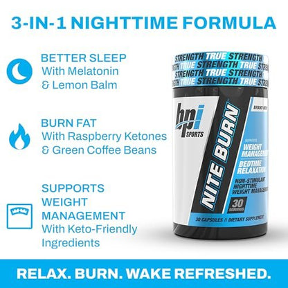 BPI Sports Nite Burn – Nächtlicher Fettverbrenner & Schlafunterstützung – Keto-freundlich – Gewichtsverlust, Fettverbrennung, Entspannung, Stoffwechsel-Boost – 30 Portionen – 640 mg