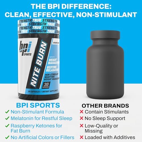 BPI Sports Nite Burn – Nächtlicher Fettverbrenner & Schlafunterstützung – Keto-freundlich – Gewichtsverlust, Fettverbrennung, Entspannung, Stoffwechsel-Boost – 30 Portionen – 640 mg