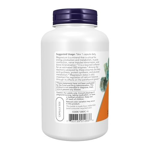 NOW Foods Magnesium 400 mg – 180 vegane Kapseln zur Unterstützung von Nerven und Enzymfunktion
