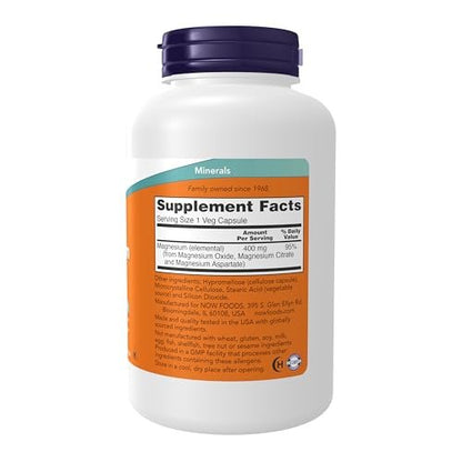NOW Foods Magnesium 400 mg – 180 vegane Kapseln zur Unterstützung von Nerven und Enzymfunktion