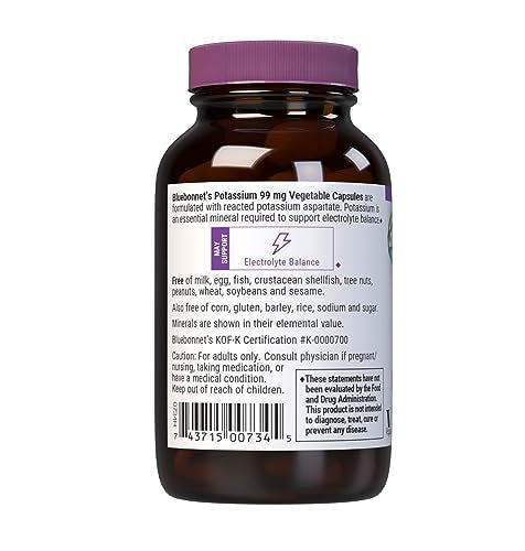 Bluebonnet Kaliumaspartat 99 mg – Essenzielles Mineral für den Elektrolythaushalt – Vegan, Non-GMO, Koscher, Glutenfrei, Sojafrei, Milchfrei – 90 vegane Kapseln
