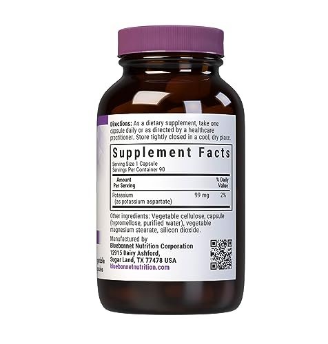 Bluebonnet Kaliumaspartat 99 mg – Essenzielles Mineral für den Elektrolythaushalt – Vegan, Non-GMO, Koscher, Glutenfrei, Sojafrei, Milchfrei – 90 vegane Kapseln