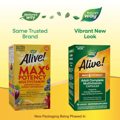 Nature's Way Alive! Max6 Potency Adult Complete Multivitamin – 90 Kapseln, ohne Eisen, mit Methyl-B12 & Folat