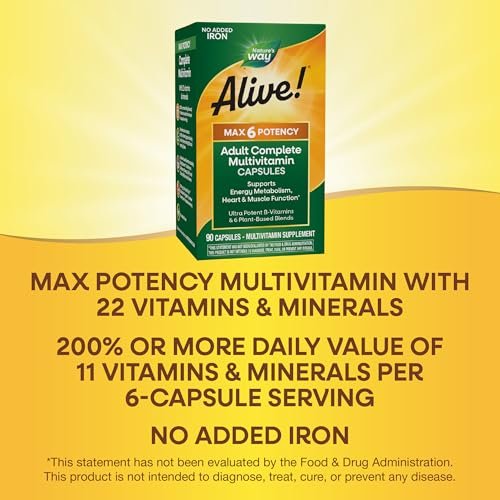 Nature's Way Alive! Max6 Potency Adult Complete Multivitamin – 90 Kapseln, ohne Eisen, mit Methyl-B12 & Folat