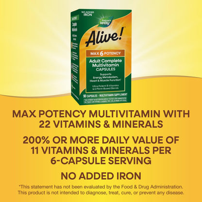 Nature's Way Alive! Max6 Potency Adult Complete Multivitamin – 90 Kapseln, ohne Eisen, mit Methyl-B12 & Folat