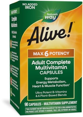 Nature's Way Alive! Max6 Potency Adult Complete Multivitamin – 90 Kapseln, ohne Eisen, mit Methyl-B12 & Folat