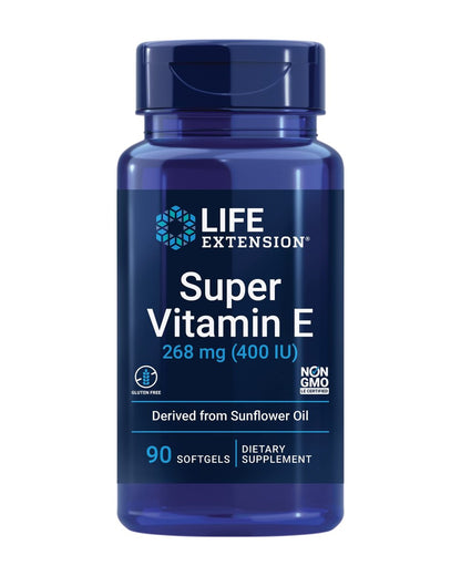 Life Extension Super Vitamin E 268 mg (400 IE) – Nicht-synthetisches Vitamin-E-Präparat für die Gesundheit des gesamten Körpers, glutenfrei, nicht-GVO, 90 Softgels