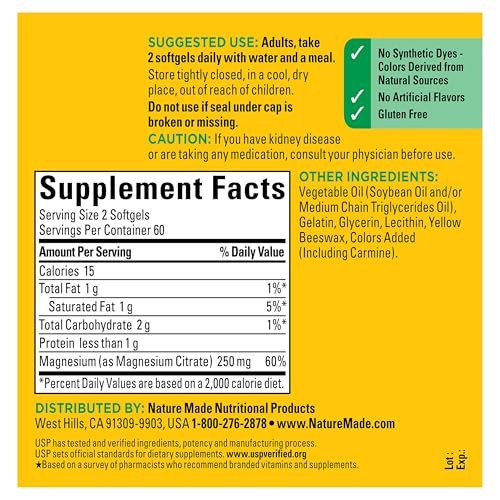 Nature Made Magnesiumcitrat 250 mg pro Portion – Magnesiumpräparat für Männer und Frauen – Unterstützung für Muskeln, Nerven, Knochen und Herz – 120 Weichkapseln, 60-Tage-Versorgung