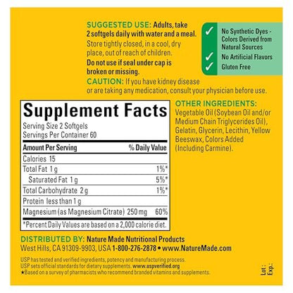 Nature Made Magnesiumcitrat 250 mg pro Portion – Magnesiumpräparat für Männer und Frauen – Unterstützung für Muskeln, Nerven, Knochen und Herz – 120 Weichkapseln, 60-Tage-Versorgung