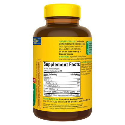 Nature Made Magnesiumcitrat 250 mg pro Portion – Magnesiumpräparat für Männer und Frauen – Unterstützung für Muskeln, Nerven, Knochen und Herz – 120 Weichkapseln, 60-Tage-Versorgung