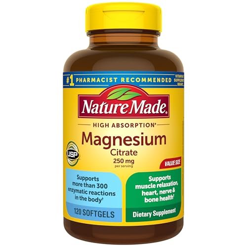 Nature Made Magnesiumcitrat 250 mg pro Portion – Magnesiumpräparat für Männer und Frauen – Unterstützung für Muskeln, Nerven, Knochen und Herz – 120 Weichkapseln, 60-Tage-Versorgung