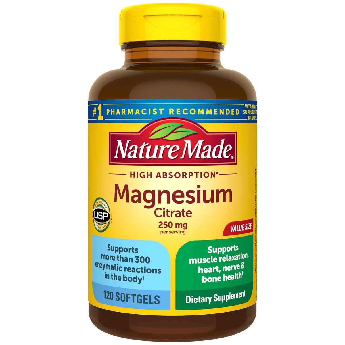 Nature Made Magnesiumcitrat 250 mg pro Portion – Magnesiumpräparat für Männer und Frauen – Unterstützung für Muskeln, Nerven, Knochen und Herz – 120 Weichkapseln, 60-Tage-Versorgung