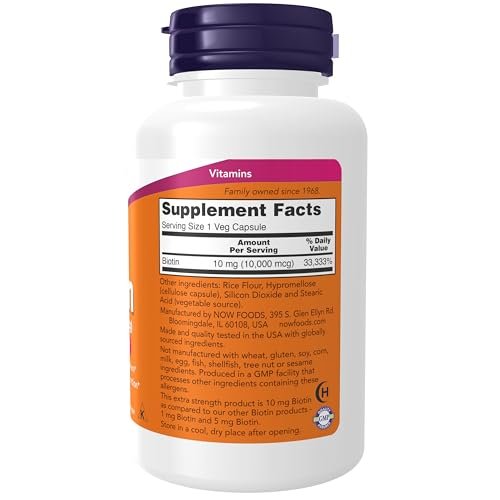 NOW Foods Nahrungsergänzungsmittel, Biotin 10 mg (10.000 µg), Extra Stärke, Energieproduktion*, 120 vegane Kapseln