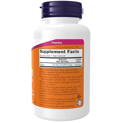 NOW Foods Nahrungsergänzungsmittel, Biotin 10 mg (10.000 µg), Extra Stärke, Energieproduktion*, 120 vegane Kapseln