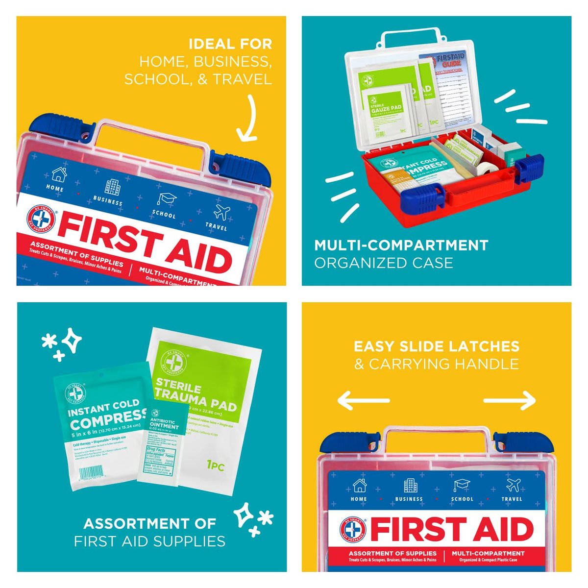 Be Smart Get Prepared 180-teiliges Erste-Hilfe-Set: Reinigen, Behandeln, Schützen bei kleinen Schnitten und Schürfwunden. Für Zuhause, Büro, Auto, Schule, Geschäft, Reisen, Notfälle, Überleben, Jagd, Outdoor, Camping & Sport, FSA HSA