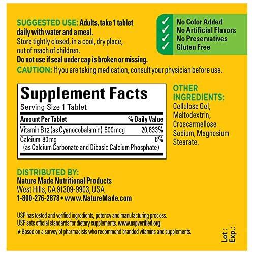 Nature Made Vitamin B12 500 mcg – 100 Tabletten, Nahrungsergänzungsmittel zur Unterstützung des Energiestoffwechsels