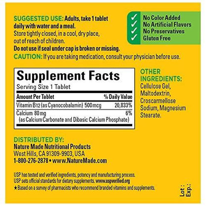 Nature Made Vitamin B12 500 mcg – 100 Tabletten, Nahrungsergänzungsmittel zur Unterstützung des Energiestoffwechsels