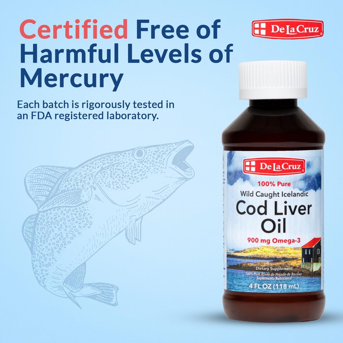 De La Cruz Lebertran – Reines isländisches Fischöl aus Wildfang, reich an Vitamin D & Omega-3-Fettsäuren, 118 ml