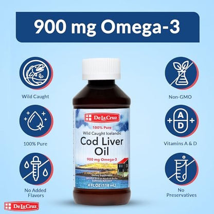 De La Cruz Lebertran – Reines isländisches Fischöl aus Wildfang, reich an Vitamin D & Omega-3-Fettsäuren, 118 ml