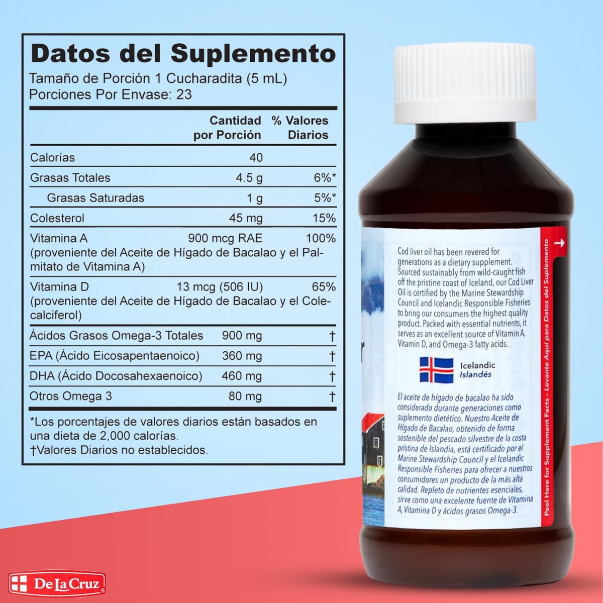 De La Cruz Lebertran – Reines isländisches Fischöl aus Wildfang, reich an Vitamin D & Omega-3-Fettsäuren, 118 ml