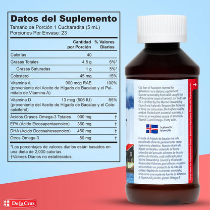 De La Cruz Lebertran – Reines isländisches Fischöl aus Wildfang, reich an Vitamin D & Omega-3-Fettsäuren, 118 ml
