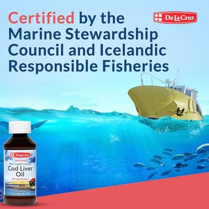 De La Cruz Lebertran – Reines isländisches Fischöl aus Wildfang, reich an Vitamin D & Omega-3-Fettsäuren, 118 ml