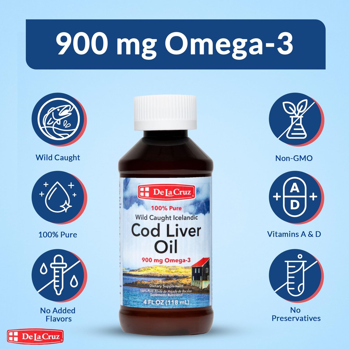 De La Cruz Lebertran – Reines isländisches Fischöl aus Wildfang, reich an Vitamin D & Omega-3-Fettsäuren, 118 ml
