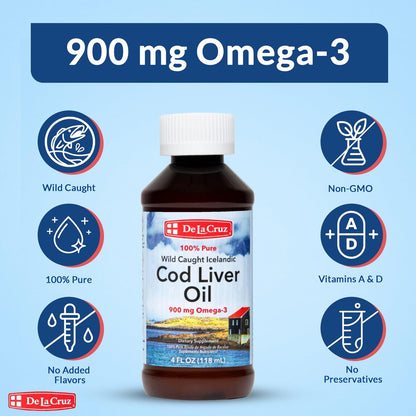 De La Cruz Lebertran – Reines isländisches Fischöl aus Wildfang, reich an Vitamin D & Omega-3-Fettsäuren, 118 ml