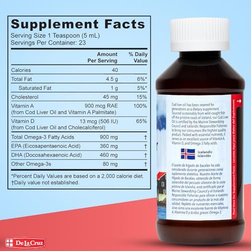 De La Cruz Lebertran – Reines isländisches Fischöl aus Wildfang, reich an Vitamin D & Omega-3-Fettsäuren, 118 ml