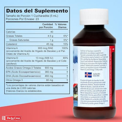 De La Cruz Lebertran – Reines isländisches Fischöl aus Wildfang, reich an Vitamin D & Omega-3-Fettsäuren, 118 ml