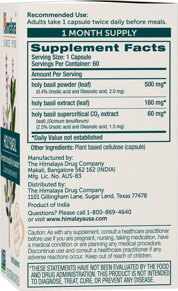 Himalaya Heiliges Basilikum – Pflanzliche Unterstützung für die Nebennieren bei Stress, Cortisol-Reduktion, Entspannung, Energie und gelegentlicher Schlaflosigkeit – Vegan, ohne Gentechnik, glutenfrei, 720 mg, 60 Kapseln