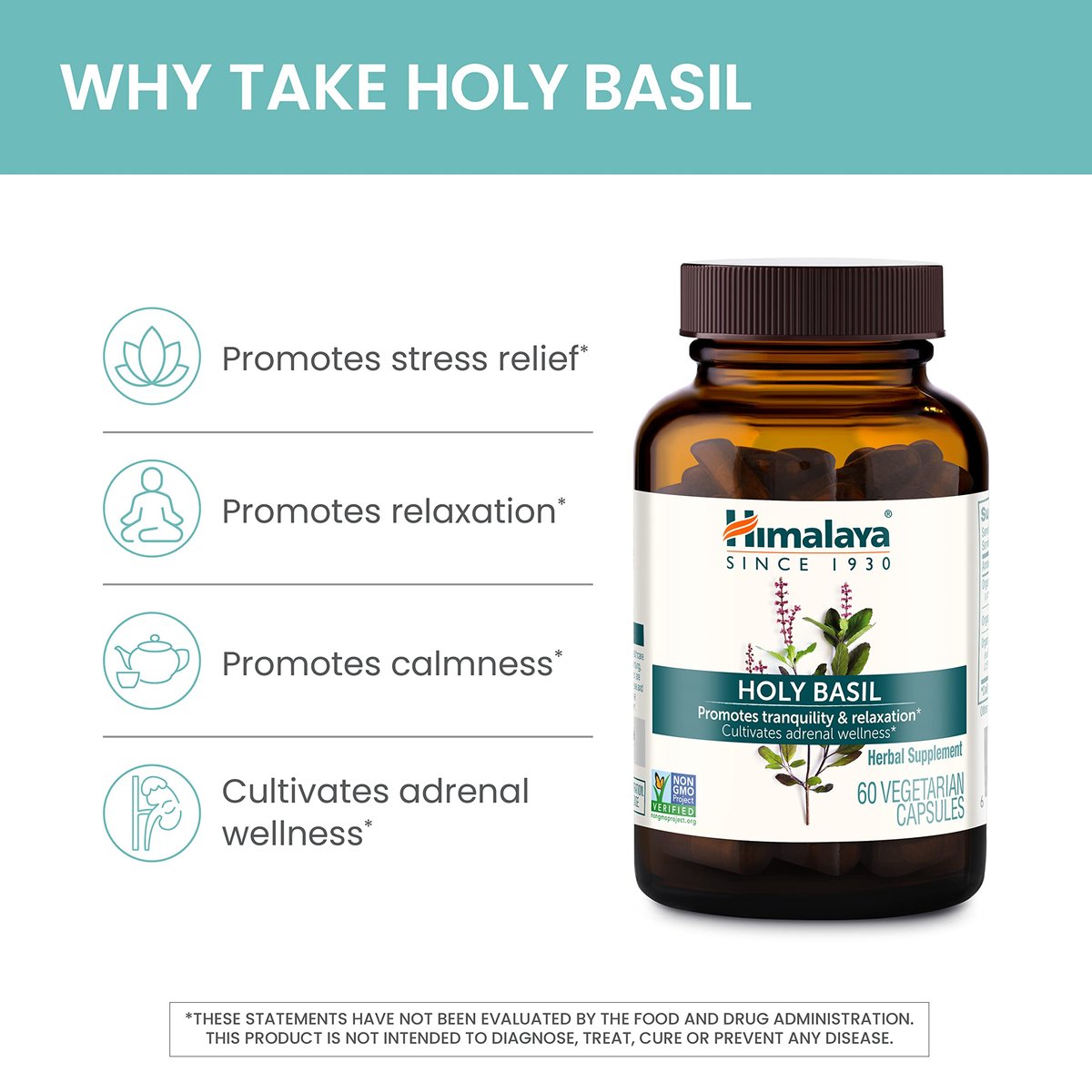 Himalaya Heiliges Basilikum – Pflanzliche Unterstützung für die Nebennieren bei Stress, Cortisol-Reduktion, Entspannung, Energie und gelegentlicher Schlaflosigkeit – Vegan, ohne Gentechnik, glutenfrei, 720 mg, 60 Kapseln