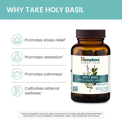 Himalaya Heiliges Basilikum – Pflanzliche Unterstützung für die Nebennieren bei Stress, Cortisol-Reduktion, Entspannung, Energie und gelegentlicher Schlaflosigkeit – Vegan, ohne Gentechnik, glutenfrei, 720 mg, 60 Kapseln