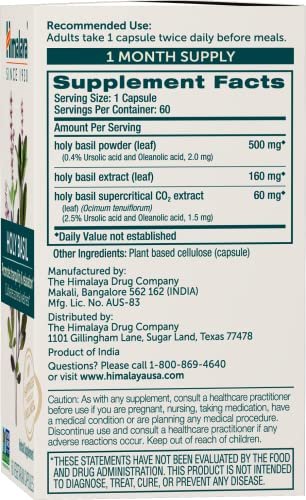 Himalaya Heiliges Basilikum – Pflanzliche Unterstützung für die Nebennieren bei Stress, Cortisol-Reduktion, Entspannung, Energie und gelegentlicher Schlaflosigkeit – Vegan, ohne Gentechnik, glutenfrei, 720 mg, 60 Kapseln