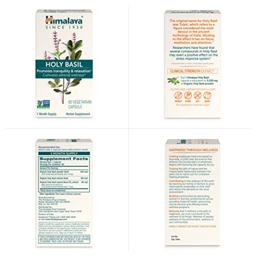Himalaya Heiliges Basilikum – Pflanzliche Unterstützung für die Nebennieren bei Stress, Cortisol-Reduktion, Entspannung, Energie und gelegentlicher Schlaflosigkeit – Vegan, ohne Gentechnik, glutenfrei, 720 mg, 60 Kapseln