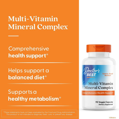 Doctor's Best Multi-Vitamin Mineral Complex – Tägliches veganes Multivitamin für Frauen & Männer, Vitamine A, C, D3, E, K2, Riboflavin & Niacin, Nahrungsergänzungsmittel für Erwachsene, Non-GMO – 90 vegane Kapseln