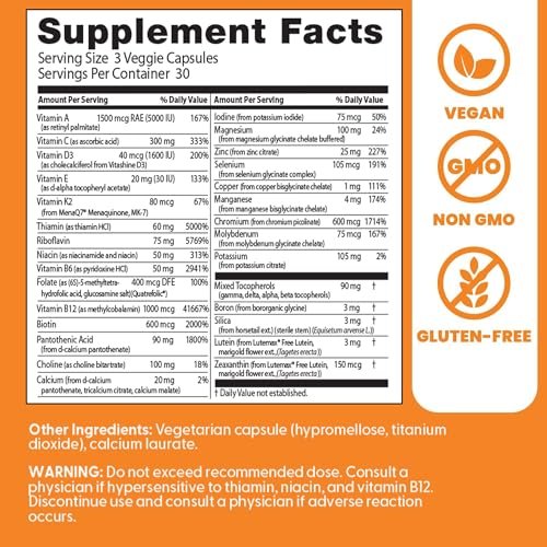 Doctor's Best Multi-Vitamin Mineral Complex – Tägliches veganes Multivitamin für Frauen & Männer, Vitamine A, C, D3, E, K2, Riboflavin & Niacin, Nahrungsergänzungsmittel für Erwachsene, Non-GMO – 90 vegane Kapseln