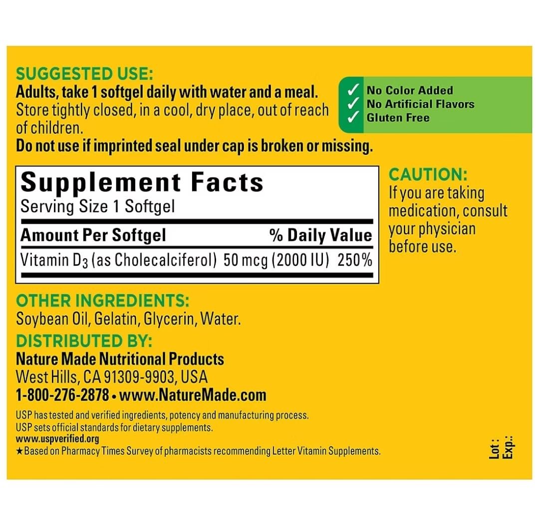 Nature Made Vitamin D3 2000 IE 320 Weichkapseln – Hochdosiertes Vitamin D für Knochen & Immunsystem