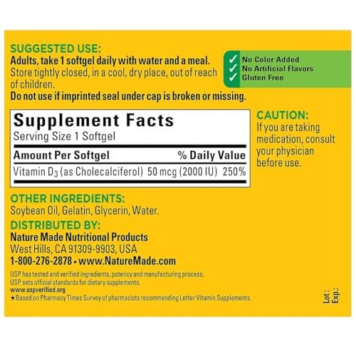 Nature Made Vitamin D3 2000 IE 320 Weichkapseln – Hochdosiertes Vitamin D für Knochen & Immunsystem