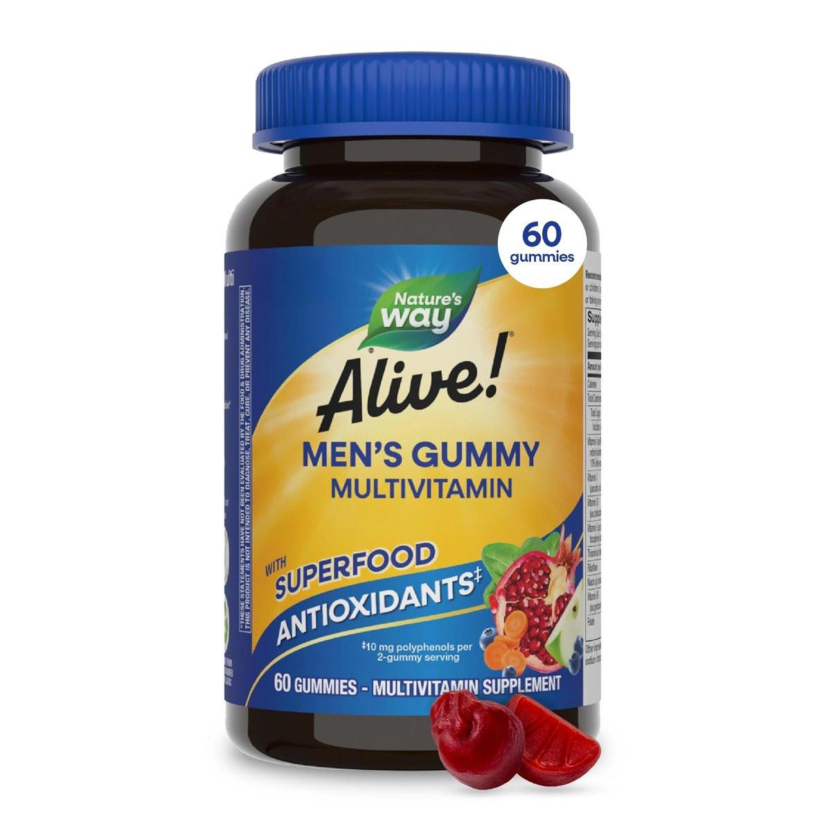 Nature's Way Alive! Multivitamin-Gummis für Männer – Tägliches Gummivitamin für Männer, unterstützt den zellulären Energiestoffwechsel, die Immunität und die Muskelfunktion mit Vitamin A, C, D3, Zink – vegetarisch, 60 Stück