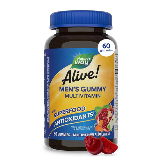 Nature's Way Alive! Multivitamin-Gummis für Männer – Tägliches Gummivitamin für Männer, unterstützt den zellulären Energiestoffwechsel, die Immunität und die Muskelfunktion mit Vitamin A, C, D3, Zink – vegetarisch, 60 Stück