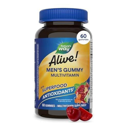 Nature's Way Alive! Multivitamin-Gummis für Männer – Tägliches Gummivitamin für Männer, unterstützt den zellulären Energiestoffwechsel, die Immunität und die Muskelfunktion mit Vitamin A, C, D3, Zink – vegetarisch, 60 Stück